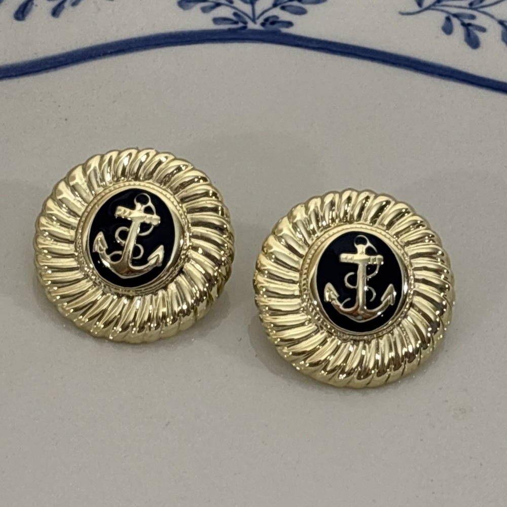 Vintage Gold Tone Anchor Earrings‎ with Navy Blue Enamel Nautical Marine Style